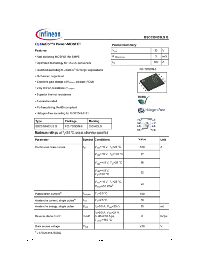 Infineon bsc030n03ls rev1.27  . Electronic Components Datasheets Active components Transistors Infineon bsc030n03ls_rev1.27.pdf