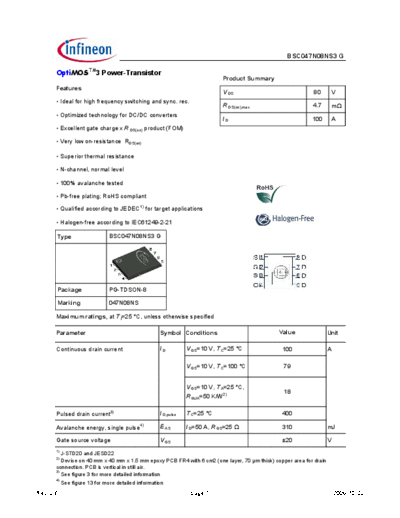 Infineon bsc047n08ns3g rev2.6  . Electronic Components Datasheets Active components Transistors Infineon bsc047n08ns3g_rev2.6.pdf