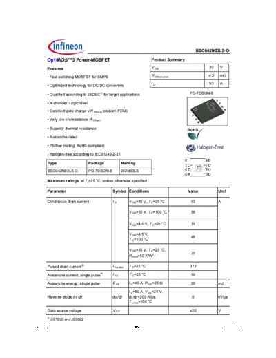 Infineon bsc042n03ls rev1.25  . Electronic Components Datasheets Active components Transistors Infineon bsc042n03ls_rev1.25.pdf