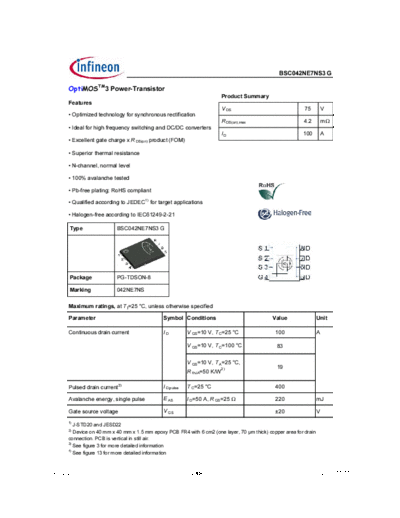 Infineon bsc042ne7ns3g rev2.21  . Electronic Components Datasheets Active components Transistors Infineon bsc042ne7ns3g_rev2.21.pdf