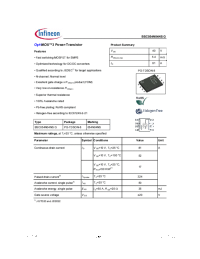 Infineon bsc054n04nsg rev1.04  . Electronic Components Datasheets Active components Transistors Infineon bsc054n04nsg_rev1.04.pdf