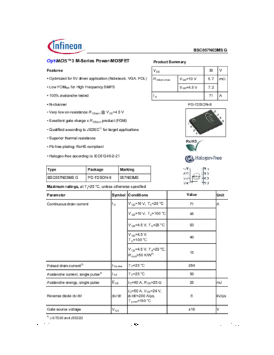 Infineon bsc057n03msg rev1.15  . Electronic Components Datasheets Active components Transistors Infineon bsc057n03msg_rev1.15.pdf