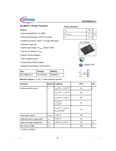 Infineon bsc059n04lsg rev1.04  . Electronic Components Datasheets Active components Transistors Infineon bsc059n04lsg_rev1.04.pdf