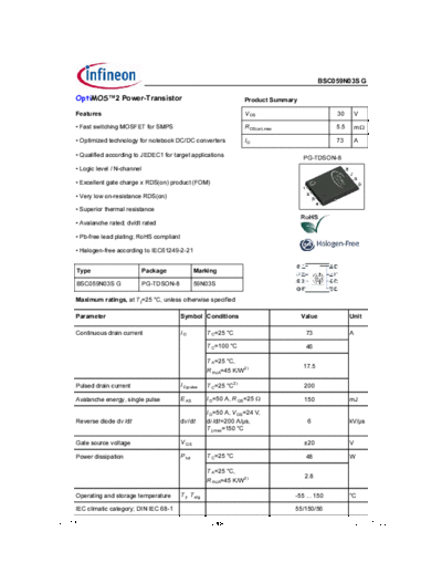 Infineon bsc059n03s rev1.56 g  . Electronic Components Datasheets Active components Transistors Infineon bsc059n03s_rev1.56_g.pdf