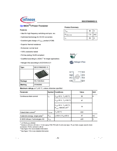 Infineon bsc076n06ns3 rev2.3  . Electronic Components Datasheets Active components Transistors Infineon bsc076n06ns3_rev2.3.pdf