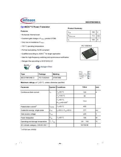 Infineon bsc079n10nsrev1.05  . Electronic Components Datasheets Active components Transistors Infineon bsc079n10nsrev1.05.pdf