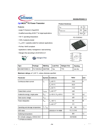 Infineon bsc084p03ns3g 2.1  . Electronic Components Datasheets Active components Transistors Infineon bsc084p03ns3g_2.1.pdf