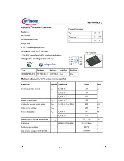 Infineon bsc080p03lsg rev1.04  . Electronic Components Datasheets Active components Transistors Infineon bsc080p03lsg_rev1.04.pdf