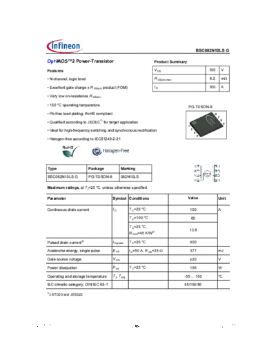 Infineon bsc082n10lsrev1.07  . Electronic Components Datasheets Active components Transistors Infineon bsc082n10lsrev1.07.pdf