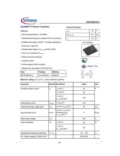 Infineon bsc094n03s rev1.91 g  . Electronic Components Datasheets Active components Transistors Infineon bsc094n03s_rev1.91_g.pdf