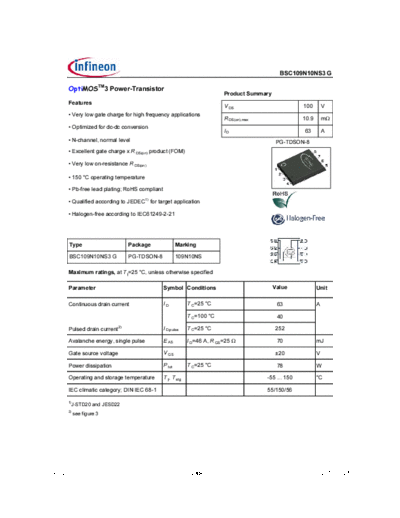 Infineon bsc109n10ns3rev2.0  . Electronic Components Datasheets Active components Transistors Infineon bsc109n10ns3rev2.0.pdf