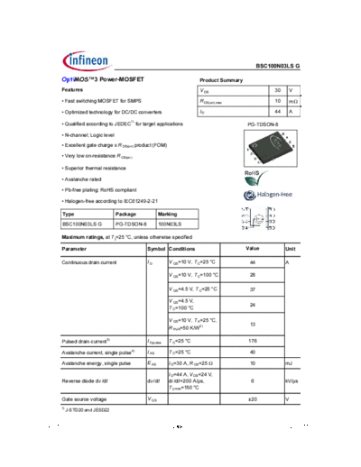 Infineon bsc100n03ls rev1.6  . Electronic Components Datasheets Active components Transistors Infineon bsc100n03ls_rev1.6.pdf