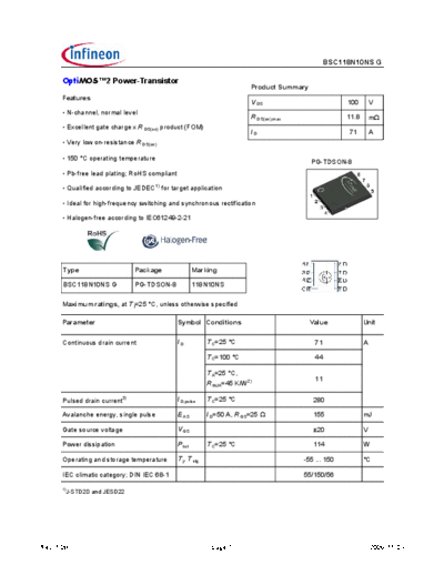 Infineon bsc118n10nsrev1.08 pdf  . Electronic Components Datasheets Active components Transistors Infineon bsc118n10nsrev1.08_pdf.pdf