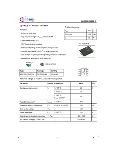 Infineon bsc159n10lsfrev2.09  . Electronic Components Datasheets Active components Transistors Infineon bsc159n10lsfrev2.09.pdf