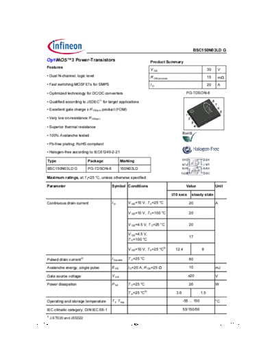 Infineon bsc150n03ld rev1.4  . Electronic Components Datasheets Active components Transistors Infineon bsc150n03ld_rev1.4.pdf