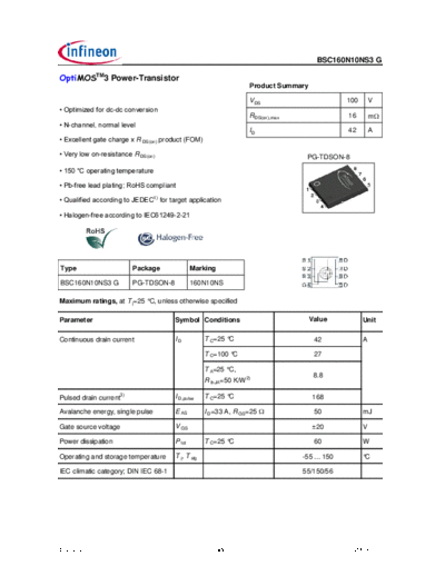 Infineon bsc160n10ns3rev2.4  . Electronic Components Datasheets Active components Transistors Infineon bsc160n10ns3rev2.4.pdf