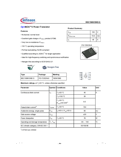 Infineon bsc196n10nsrev1.07  . Electronic Components Datasheets Active components Transistors Infineon bsc196n10nsrev1.07.pdf