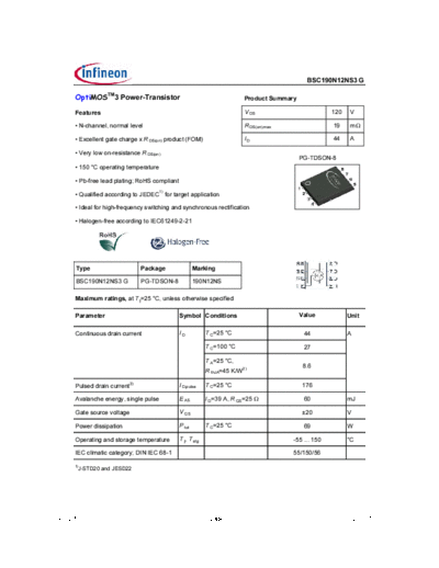 Infineon bsc190n12ns3rev2.5  . Electronic Components Datasheets Active components Transistors Infineon bsc190n12ns3rev2.5.pdf