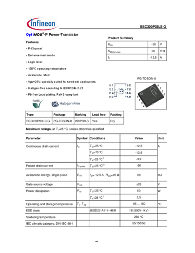 Infineon bsc200p03lsg rev1.04  . Electronic Components Datasheets Active components Transistors Infineon bsc200p03lsg_rev1.04_.pdf