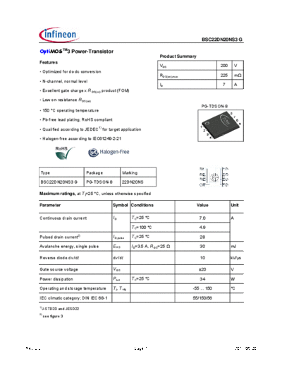 Infineon bsc22dn20ns3rev2.2  . Electronic Components Datasheets Active components Transistors Infineon bsc22dn20ns3rev2.2.pdf