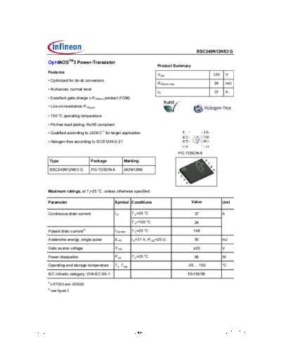 Infineon bsc240n12ns3rev2.0  . Electronic Components Datasheets Active components Transistors Infineon bsc240n12ns3rev2.0.pdf