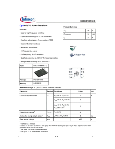 Infineon bsc340n08ns3g rev2.6  . Electronic Components Datasheets Active components Transistors Infineon bsc340n08ns3g_rev2.6.pdf