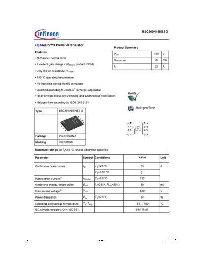 Infineon bsc360n15ns3 rev2.0  . Electronic Components Datasheets Active components Transistors Infineon bsc360n15ns3_rev2.0.pdf