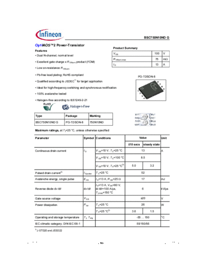 Infineon bsc750n10nd rev1.05  . Electronic Components Datasheets Active components Transistors Infineon bsc750n10nd_rev1.05.pdf