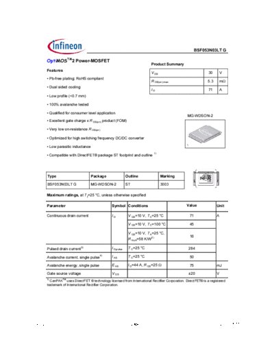 Infineon bsf053n03lt g rev2.0  . Electronic Components Datasheets Active components Transistors Infineon bsf053n03lt_g_rev2.0.pdf