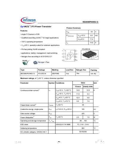 Infineon bso080p03ns3 g 2.2  . Electronic Components Datasheets Active components Transistors Infineon bso080p03ns3_g_2.2.pdf