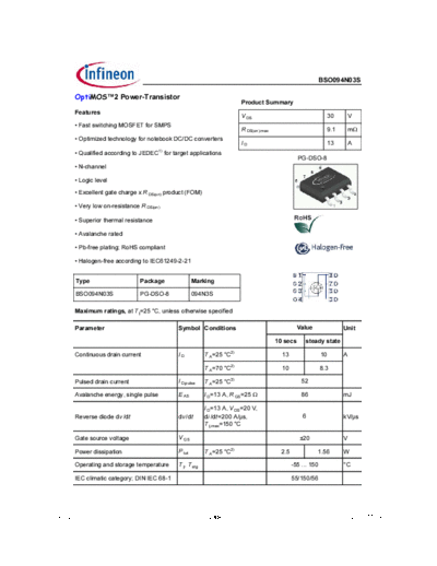 Infineon bso094n03s rev2.0 g  . Electronic Components Datasheets Active components Transistors Infineon bso094n03s_rev2.0_g.pdf