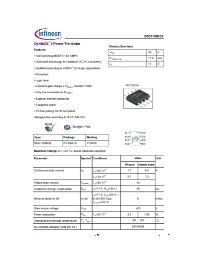 Infineon bso119n03s rev1.7 g  . Electronic Components Datasheets Active components Transistors Infineon bso119n03s_rev1.7_g.pdf