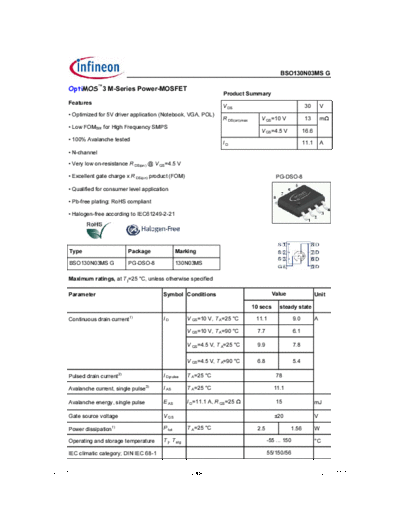 Infineon bso130n03ms rev1.1  . Electronic Components Datasheets Active components Transistors Infineon bso130n03ms_rev1.1.pdf