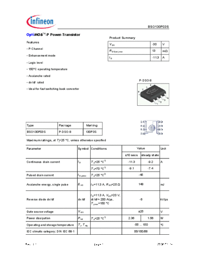 Infineon bso130p03s rev1.1  . Electronic Components Datasheets Active components Transistors Infineon bso130p03s_rev1.1.pdf