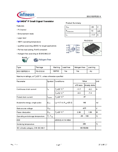 Infineon bso130p03sh rev1.3  . Electronic Components Datasheets Active components Transistors Infineon bso130p03sh_rev1.3.pdf