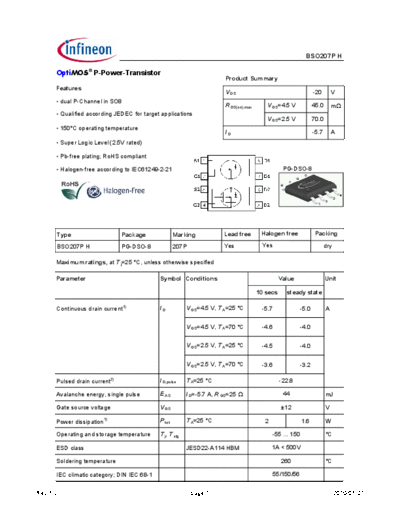 Infineon bso207p h 13  . Electronic Components Datasheets Active components Transistors Infineon bso207p_h_13.pdf