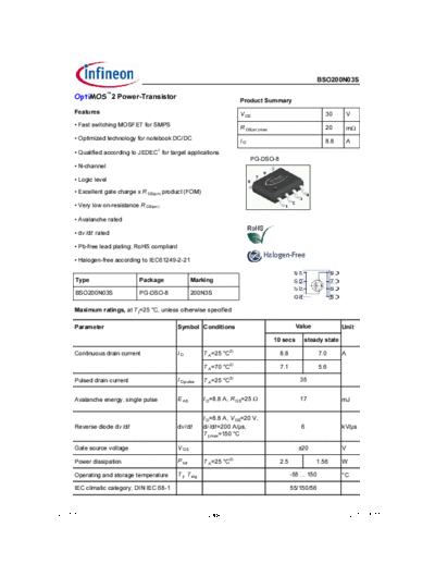 Infineon bso200n03s rev1.7 g  . Electronic Components Datasheets Active components Transistors Infineon bso200n03s_rev1.7_g.pdf