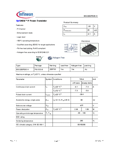 Infineon bso200p03s rev1.3  . Electronic Components Datasheets Active components Transistors Infineon bso200p03s_rev1.3.pdf