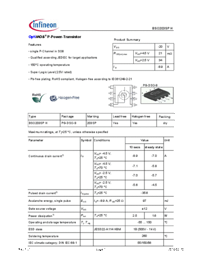 Infineon bso203sp h 1.31  . Electronic Components Datasheets Active components Transistors Infineon bso203sp_h_1.31.pdf