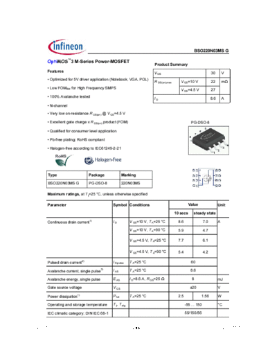 Infineon bso220n03ms rev1.1  . Electronic Components Datasheets Active components Transistors Infineon bso220n03ms_rev1.1.pdf