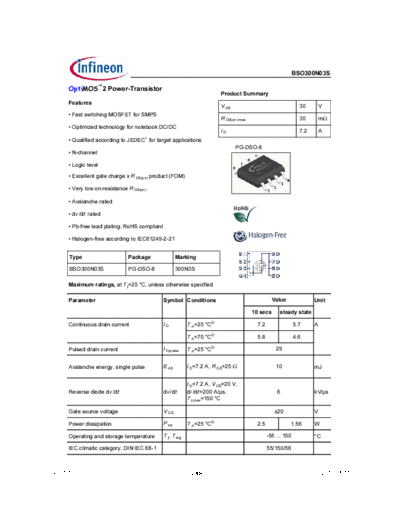 Infineon bso300n03s rev1.7 g  . Electronic Components Datasheets Active components Transistors Infineon bso300n03s_rev1.7_g.pdf
