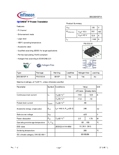 Infineon bso301sp rev1.32  . Electronic Components Datasheets Active components Transistors Infineon bso301sp_rev1.32.pdf