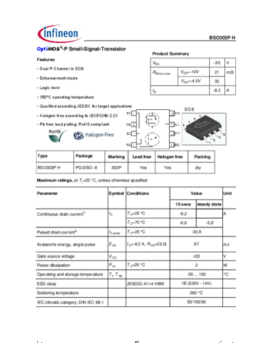 Infineon bso303ph 1.3  . Electronic Components Datasheets Active components Transistors Infineon bso303ph_1.3.pdf