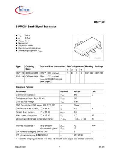 Infineon bsp129  . Electronic Components Datasheets Active components Transistors Infineon bsp129.pdf