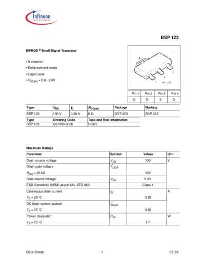 Infineon bsp123  . Electronic Components Datasheets Active components Transistors Infineon bsp123.pdf