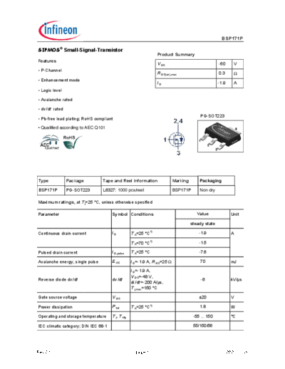Infineon bsp171p rev2.5  . Electronic Components Datasheets Active components Transistors Infineon bsp171p_rev2.5.pdf