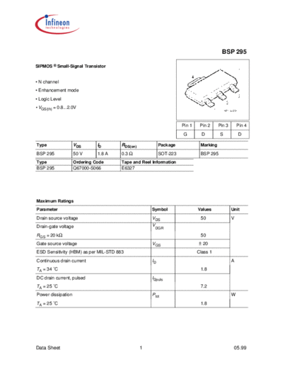 Infineon bsp295  . Electronic Components Datasheets Active components Transistors Infineon bsp295.pdf