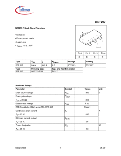 Infineon bsp297  . Electronic Components Datasheets Active components Transistors Infineon bsp297.pdf