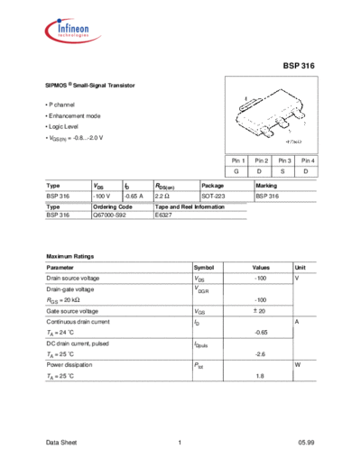 . Electronic Components Datasheets bsp316  . Electronic Components Datasheets Active components Transistors Infineon bsp316.pdf