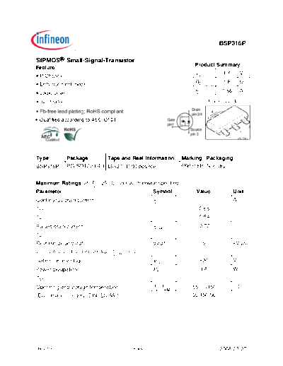 Infineon bsp316p rev1.6  . Electronic Components Datasheets Active components Transistors Infineon bsp316p_rev1.6.pdf